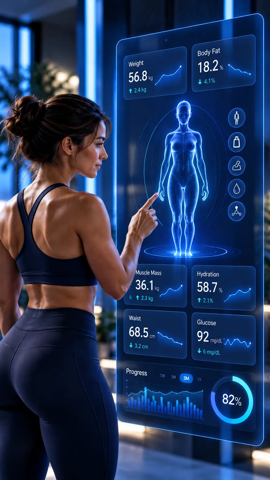 Mujer revisando sus métricas corporales en una pantalla digital